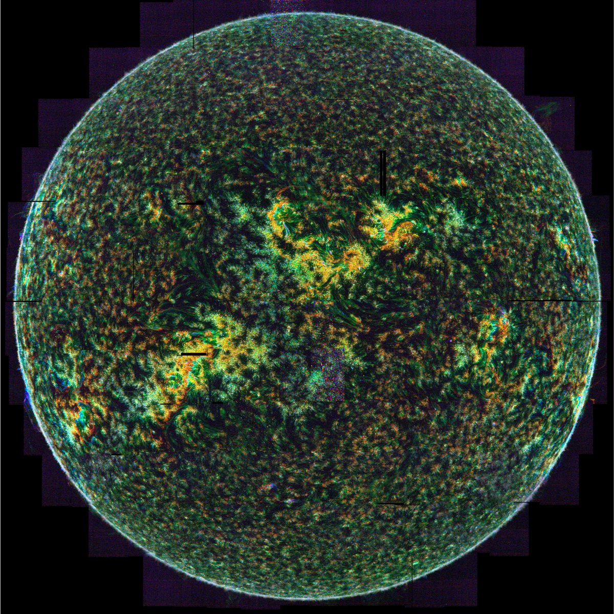 A full-disk mosaic of the Sun in Si IV, colored by Doppler shift.